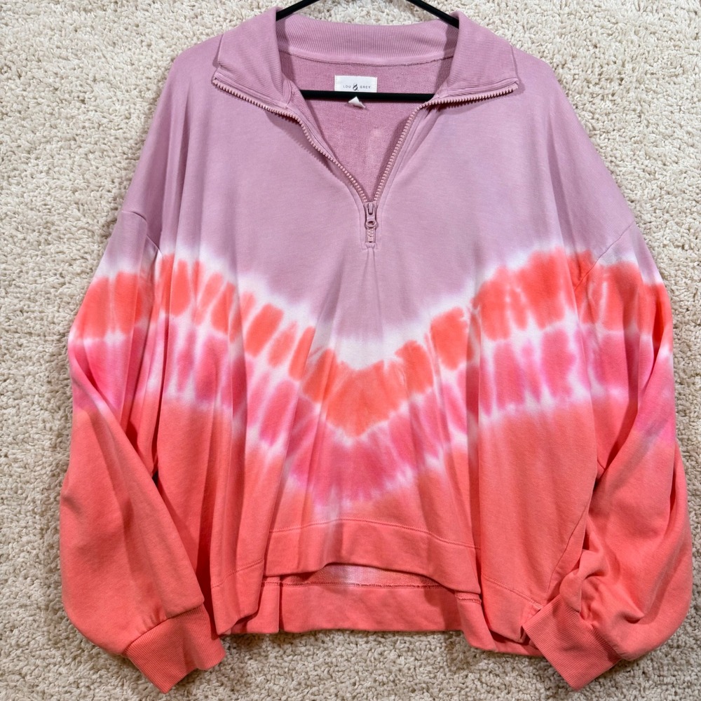 Lou & Grey Pink Orange Tie Dye Quarter Zip Sweatshirt XL Terry Lounge Cozy